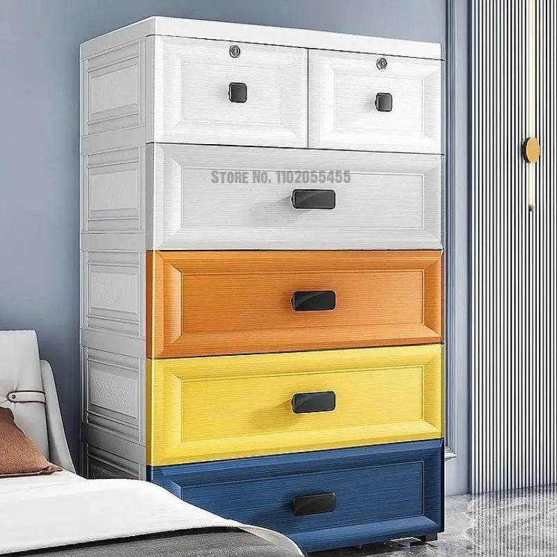 Extra-large plastic storage cabinet drawer-type European wood grain locker household wheeled baby childrens simple w